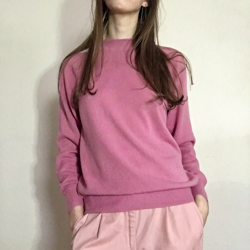 Vintage Faux-Cashmere Mauve Mock-Neck Raglan Balloon Sleeve Ribbed Cuff Sweater